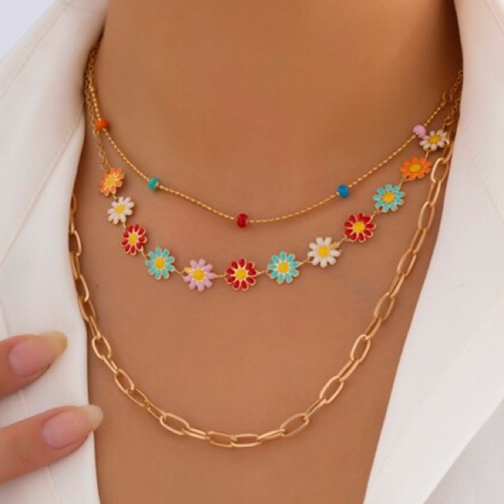 3 Piece Layered Flower Gold Tone Chain Fashion Necklaces NK01 - Picture 2 of 6